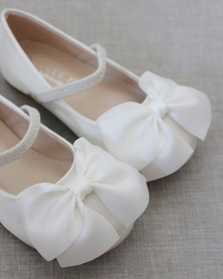 Ivory Mary Jane Girls Flats with Front Bow