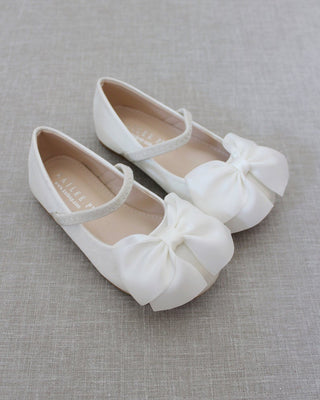 Ivory Mary Jane Girls Flats with Front Bow