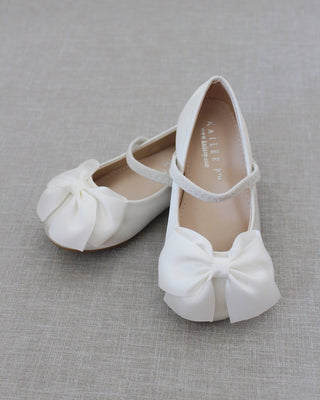 Ivory Mary Jane Girls Flats with Front Bow