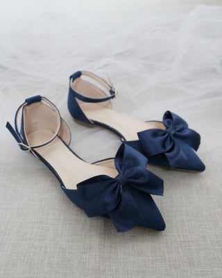 Navy Blue Satin Flats with Front Bow