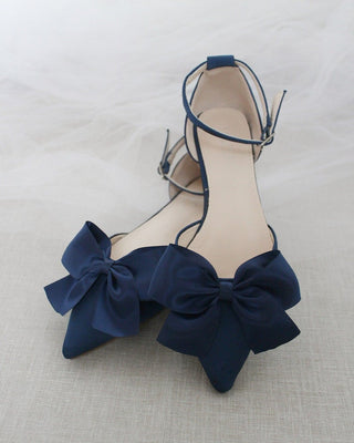 Navy Blue Satin Flats with Front Bow