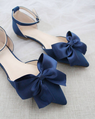 Navy Blue Satin Flats with Front Bow