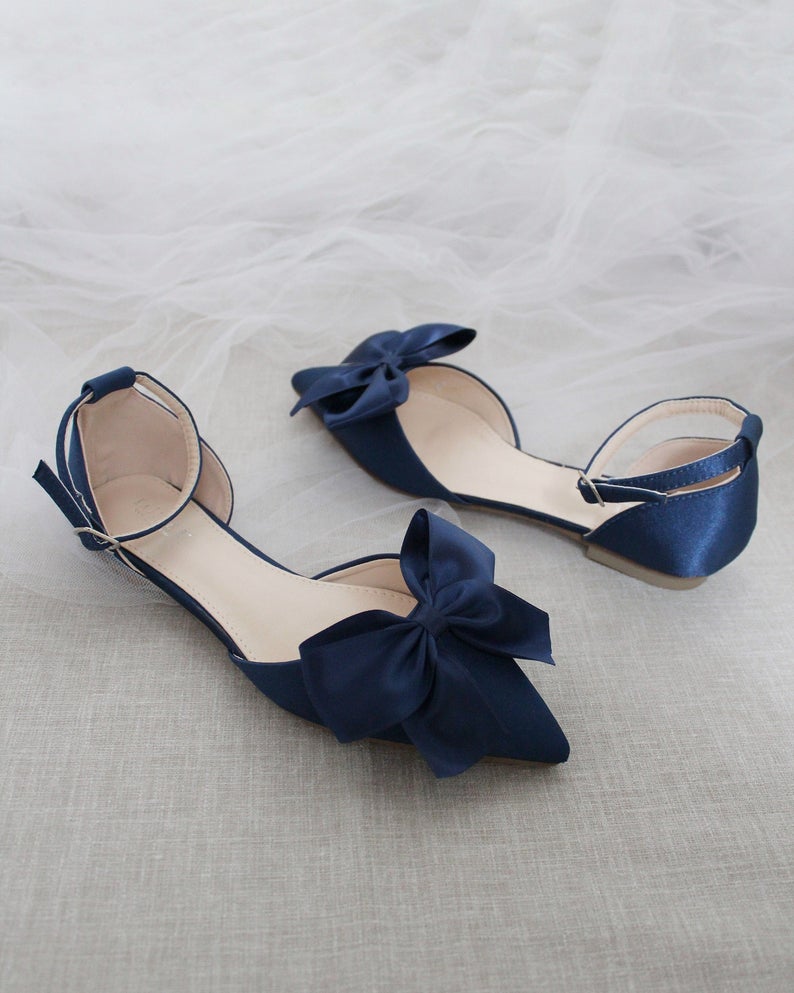 Navy Satin Pointy Toe Flats with Front Satin Bow Wedding Shoes Bridal Shoes Bridesmaids Shoes 11