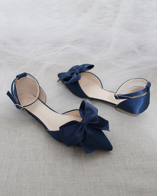 Navy Blue Satin Flats with Front Bow