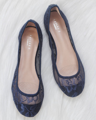 Women NAVY crochet ballet flats ,Women Shoes- Kailee P