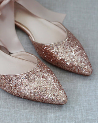 Rose Gold Glitter Women Flats with Satin Ties