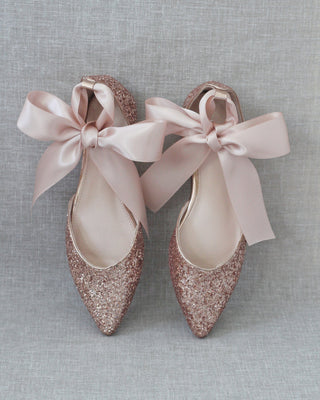 Rose Gold Glitter Women Flats with Satin Ties