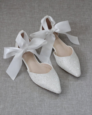 White Glitter Women Flats with Satin Ties