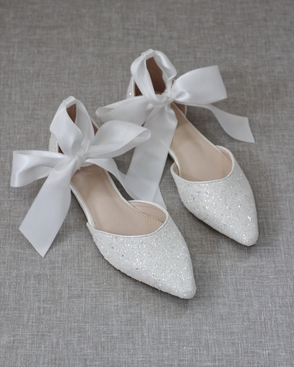 White Rock Glitter Pointy Toe Wedding Flat with Ballerina or Satin Tie ...