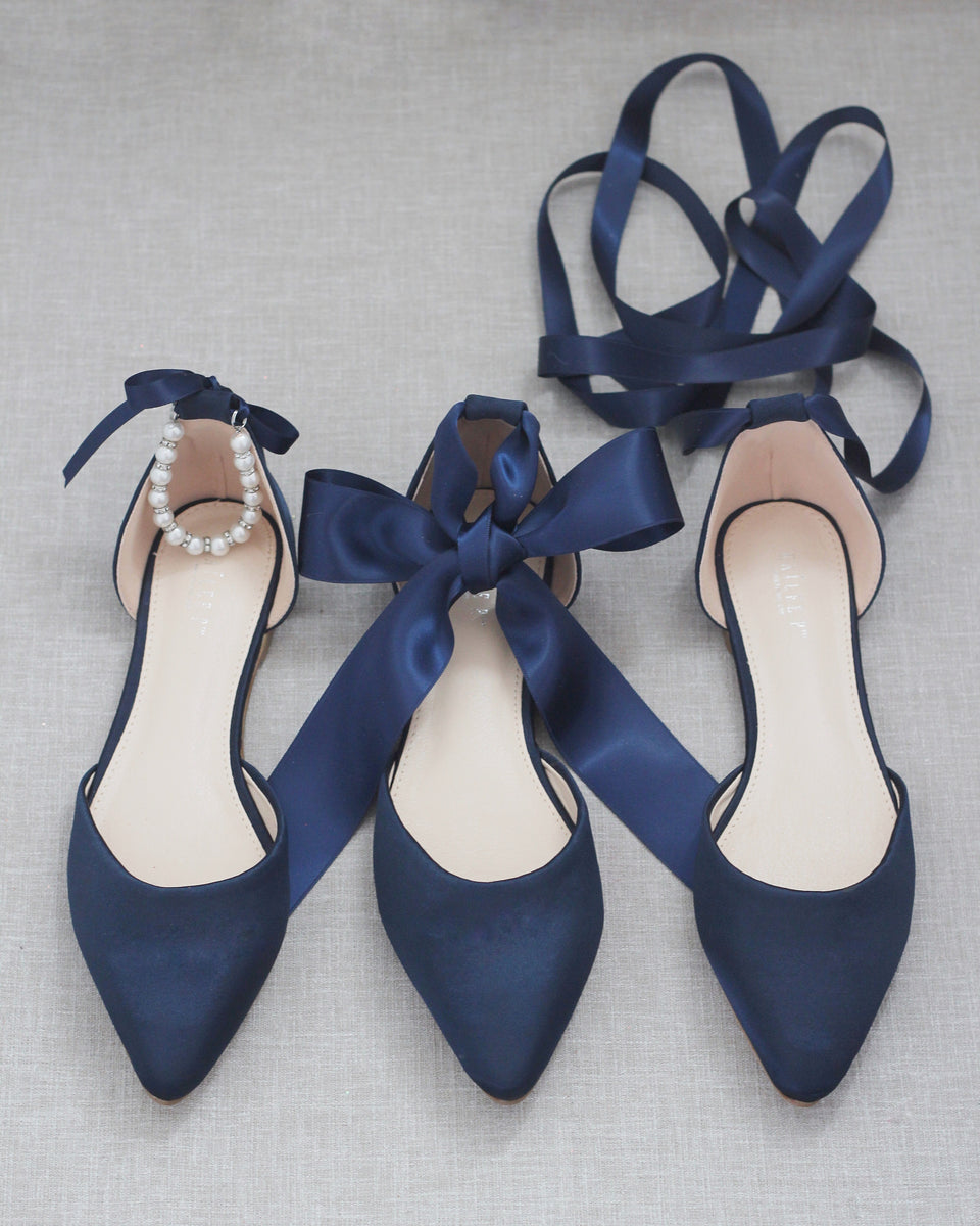 Navy Satin Pointy Toe Flats with Satin Ankle Tie or Ballerina Lace Up ...