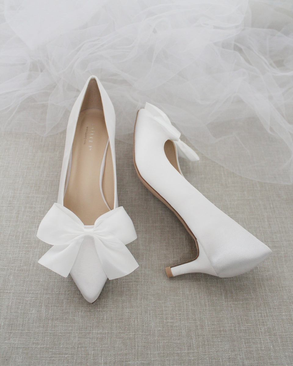 WHITE Satin Pointy Toe Pump Low Heel with SATIN BOW - Wedding Shoes ...