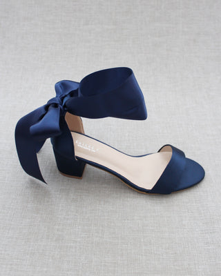 Navy Satin Block Heel Sandal with Wrapped Satin Tie