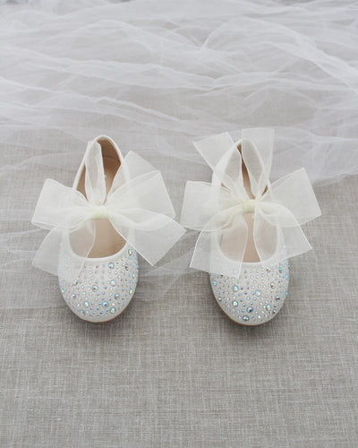 Ivory Rhinestone Kids Flats with Chiffon Bow