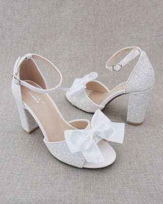 white rock glitter bridal block heel with bow