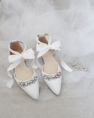 Satin Pointy Toe flats with Floral Rhinestones Embellishment
