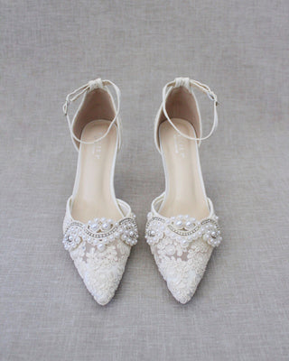 Ivory Crochet Lace Pointy Toe Heels with Small Pearls AppliqueWomen Shoes
