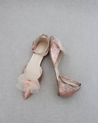 Rose Gold Glitter Women Flats with Chiffon Bow