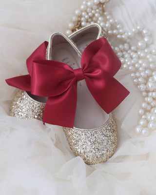 Gold Rock Glitter Mary Jane Flats with Brick Red Satin BowKids Shoes
