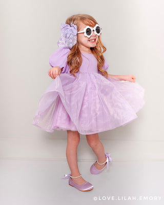 lavender satin girls flat with pearls strap