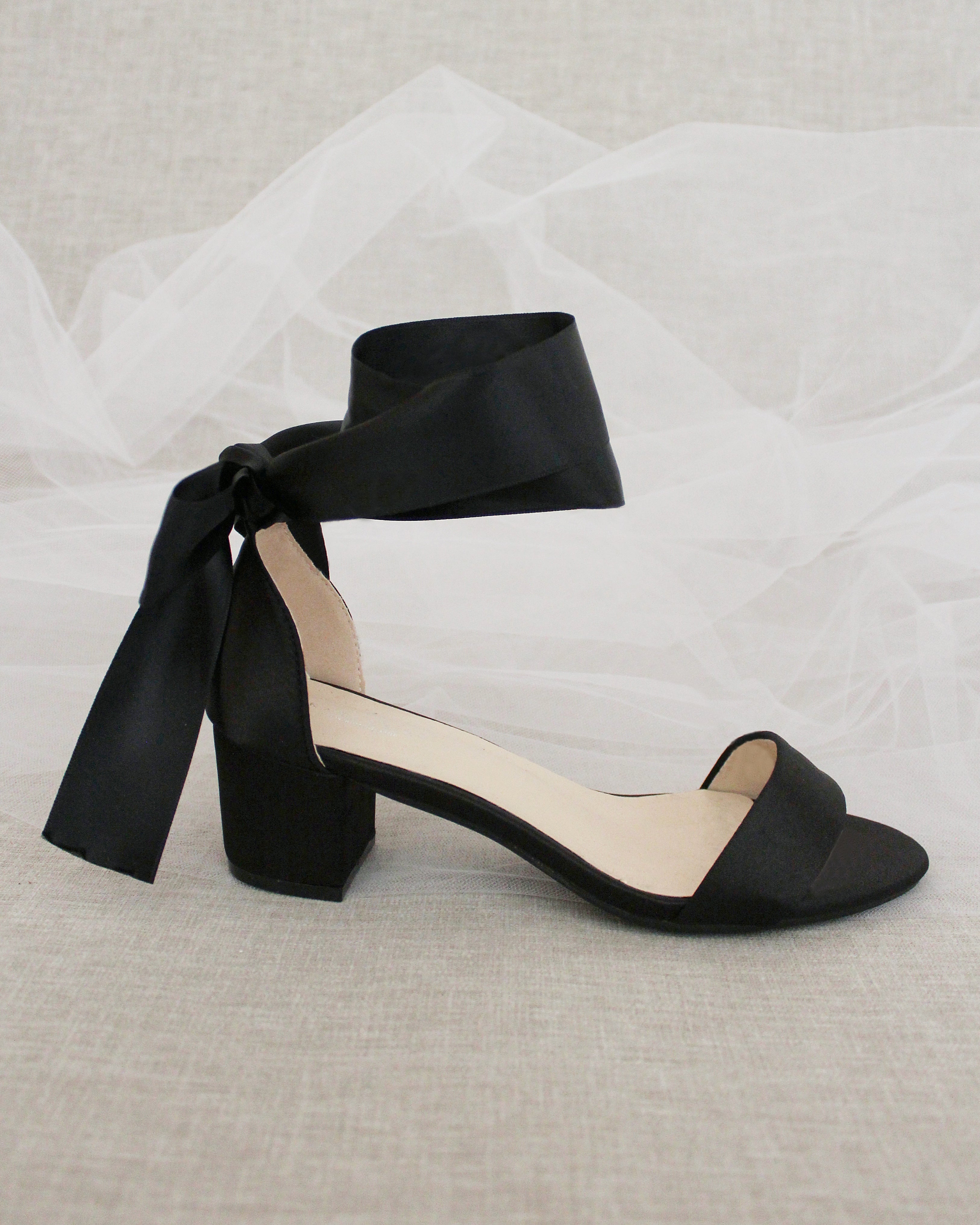 Black Satin Block Heel Sandal with Wrapped Ribbon Tie, Prom Shoes