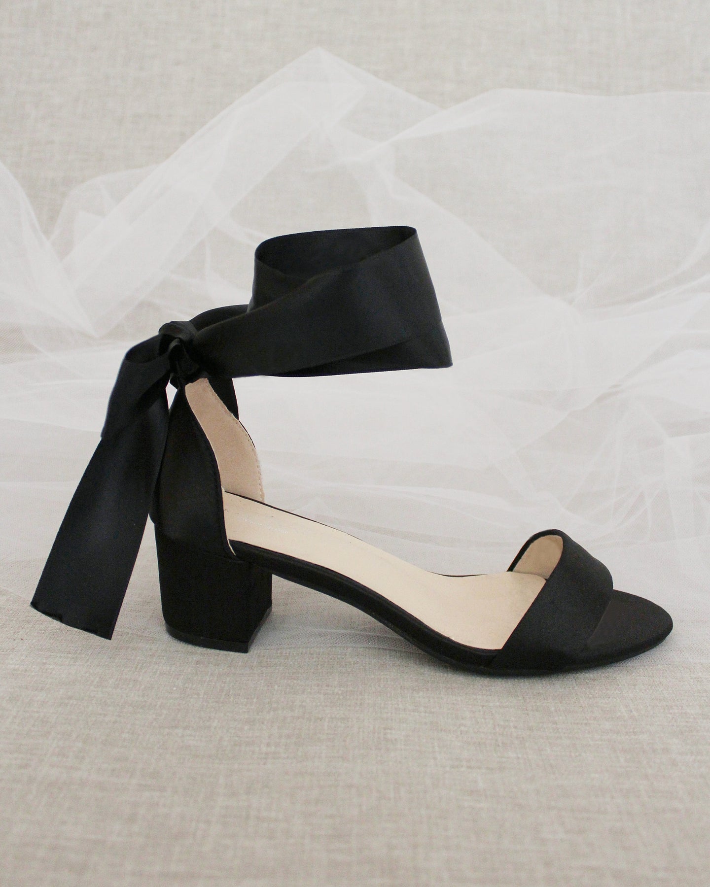 Black Satin Block Heel Sandal with Wrapped Satin Tie - Bridesmaid Shoes ...