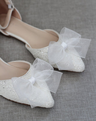 White Glitter Women Flats with Chiffon Bow