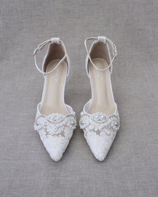 White Crochet Lace Pointy Toe HEELS with Small Pearls AppliqueWomen Shoes