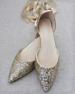 Gold Glitter Women Flats with Ballerina Laces