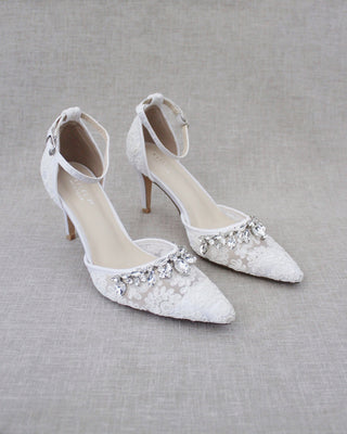 White Crochet Lace Pointy Toe HEELS with Teardrop Rhinestones EmbellishmentsWomen Shoes