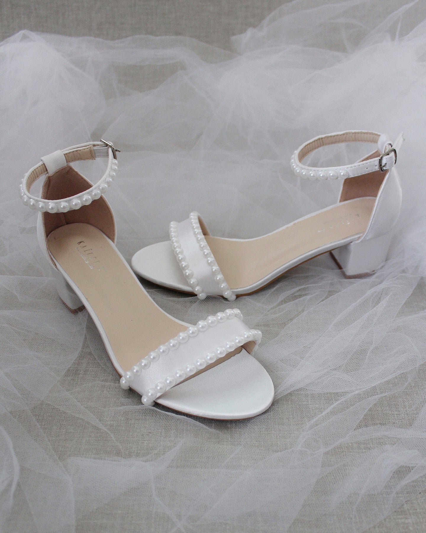 White satin online block heel