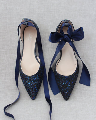 Navy Blue Glitter Women Flats with Satin Ties