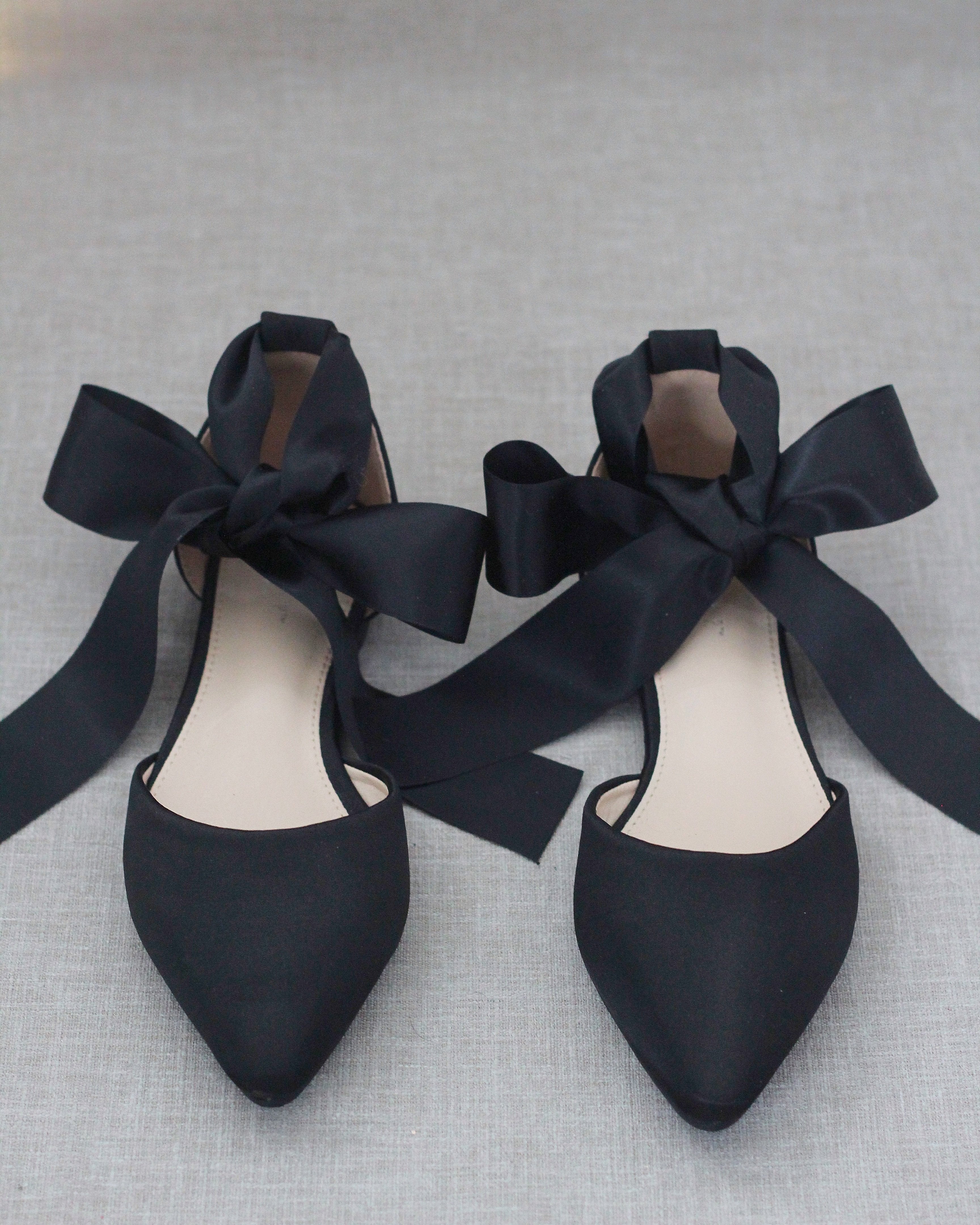 Satin Pointy Toe Flats with Satin Ankle Tie or Ballerina Lace Up