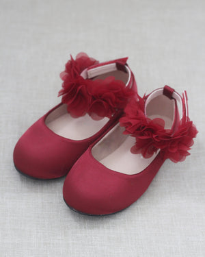 Satin Flats with Chiffon Flowers Ankle Strap