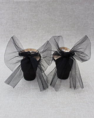 Satin Girls Block Heel Sandals with Tulle Back Bow