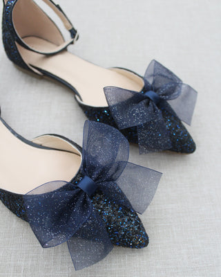 Navy Blue Glitter Women Flats with Chiffon Bow