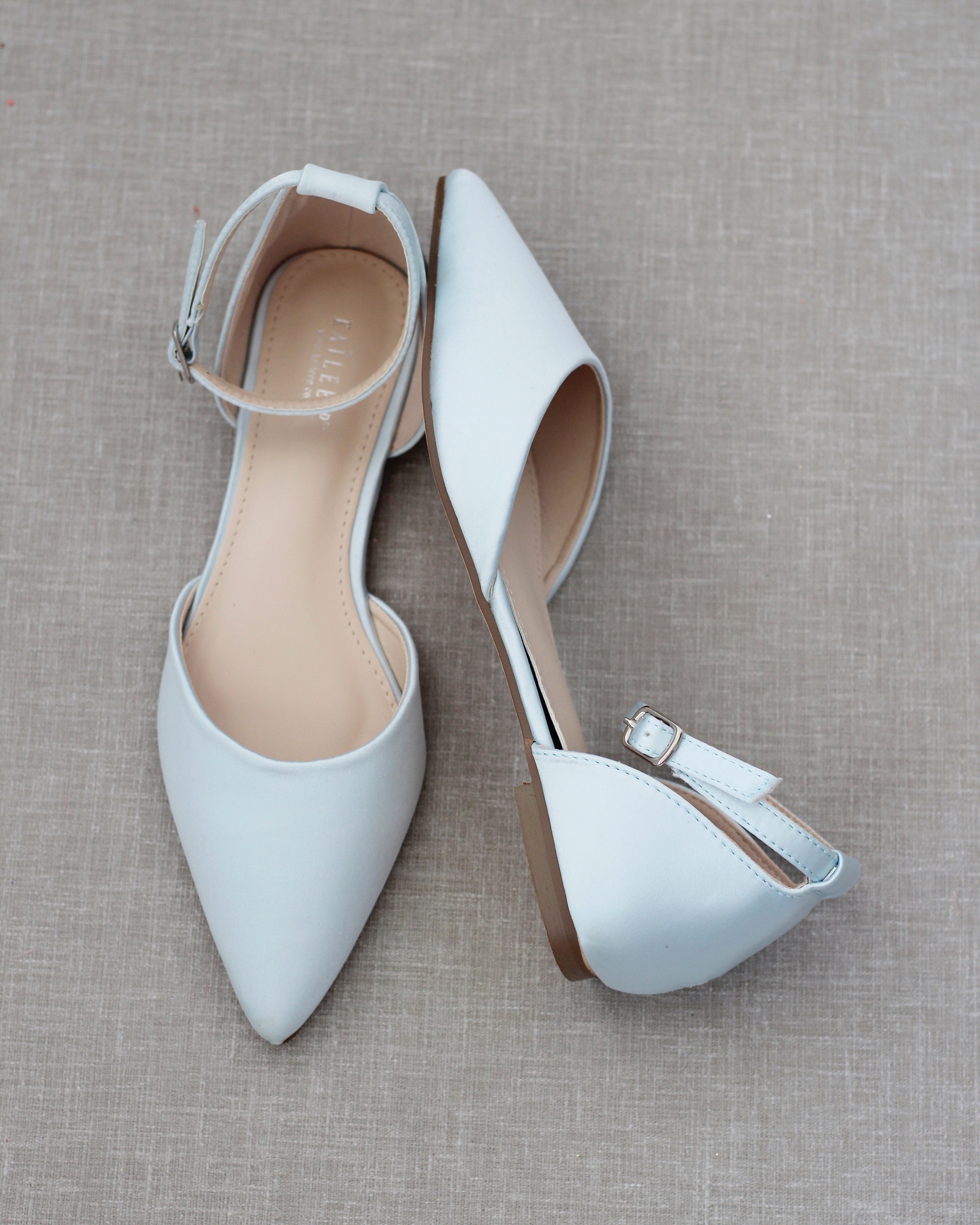 Satin Pointy Toe Flats with Ankle Strap