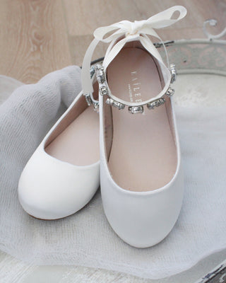 Ivory satin flats with rhinestone straps