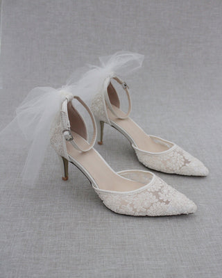 Ivory Crochet Lace Pointy Toe Heels with Tulle Back BowWomen Shoes