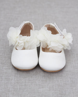 Girls Satin Flats with Chiffon Flowers Ankle Strap
