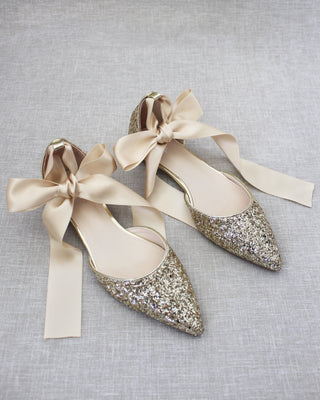 Gold Glitter Women Flats with Satin Ties