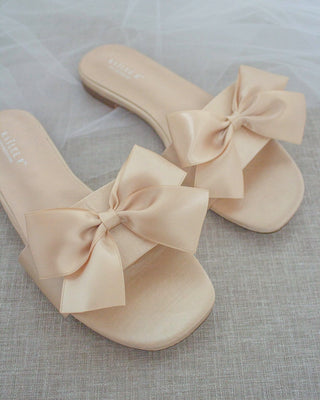 Champagne Satin Slip on Sandals with Satin Bow