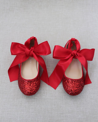 Red Glitter Girls Ballet Flats with Ribbon Ties