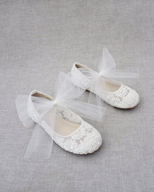 Crochet Lace Mary Jane Flats with Tulle Bow