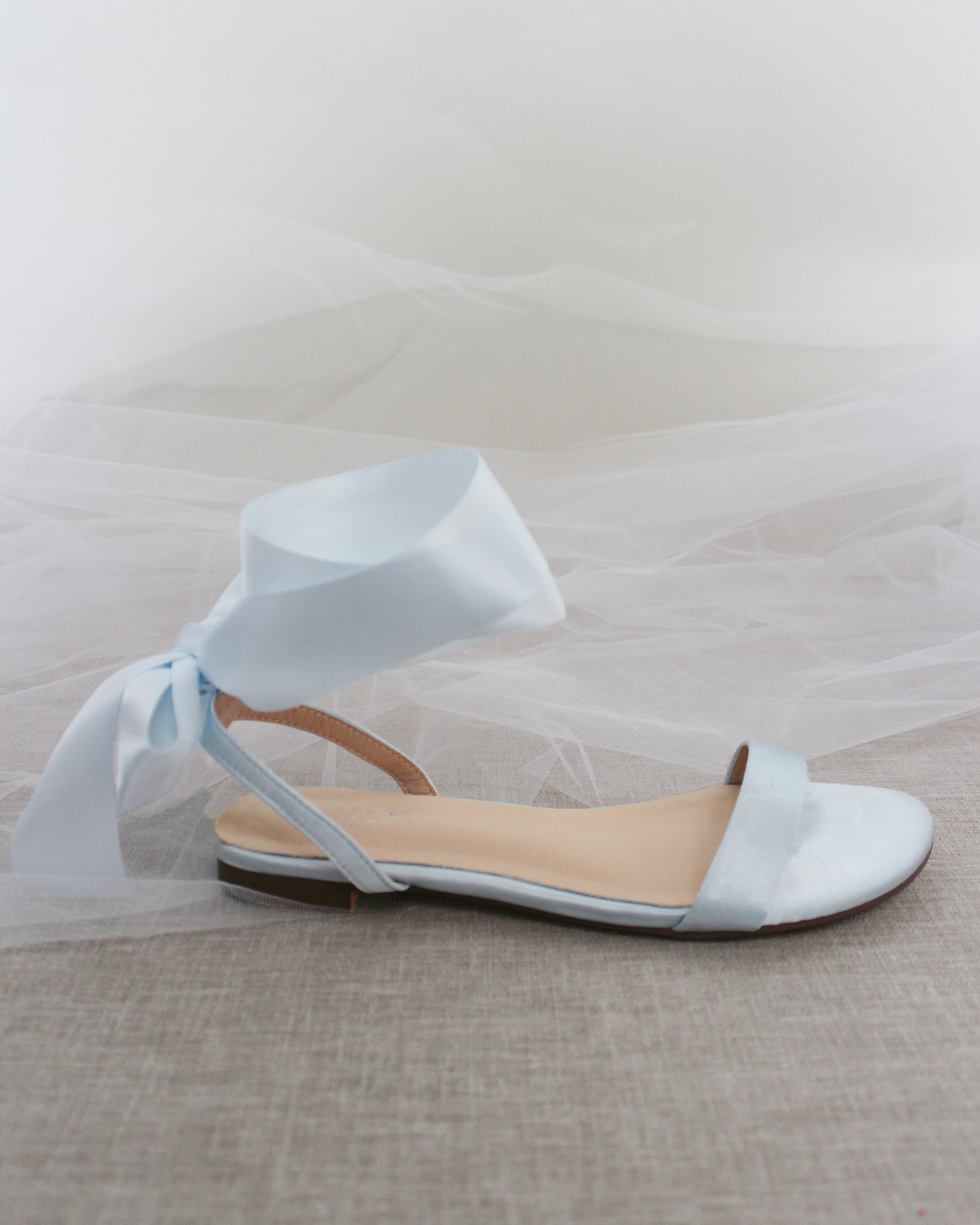 Light Blue Satin Flat Sandal with Wrapped Satin Tie, Bridal Sandals