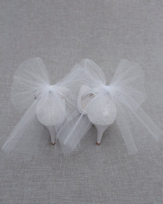 White Lace Heels with Tulle Bow
