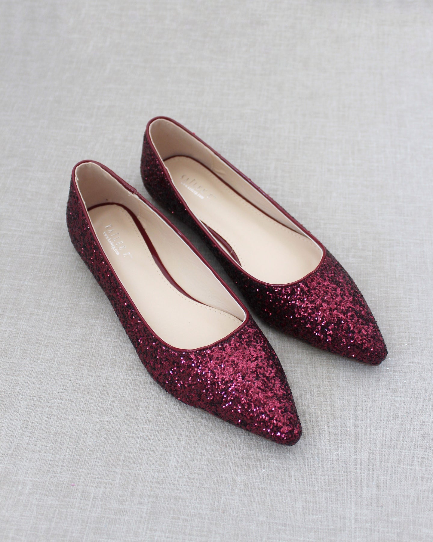 Burgundy Pointy Toe Glitter Flats, Prom Shoes, Bridesmaids Shoes 7