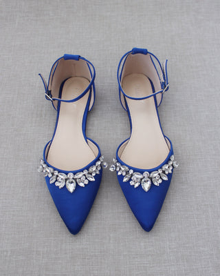 Satin Pointy Toe Flats with Teardrop Rhinestones Embellishments