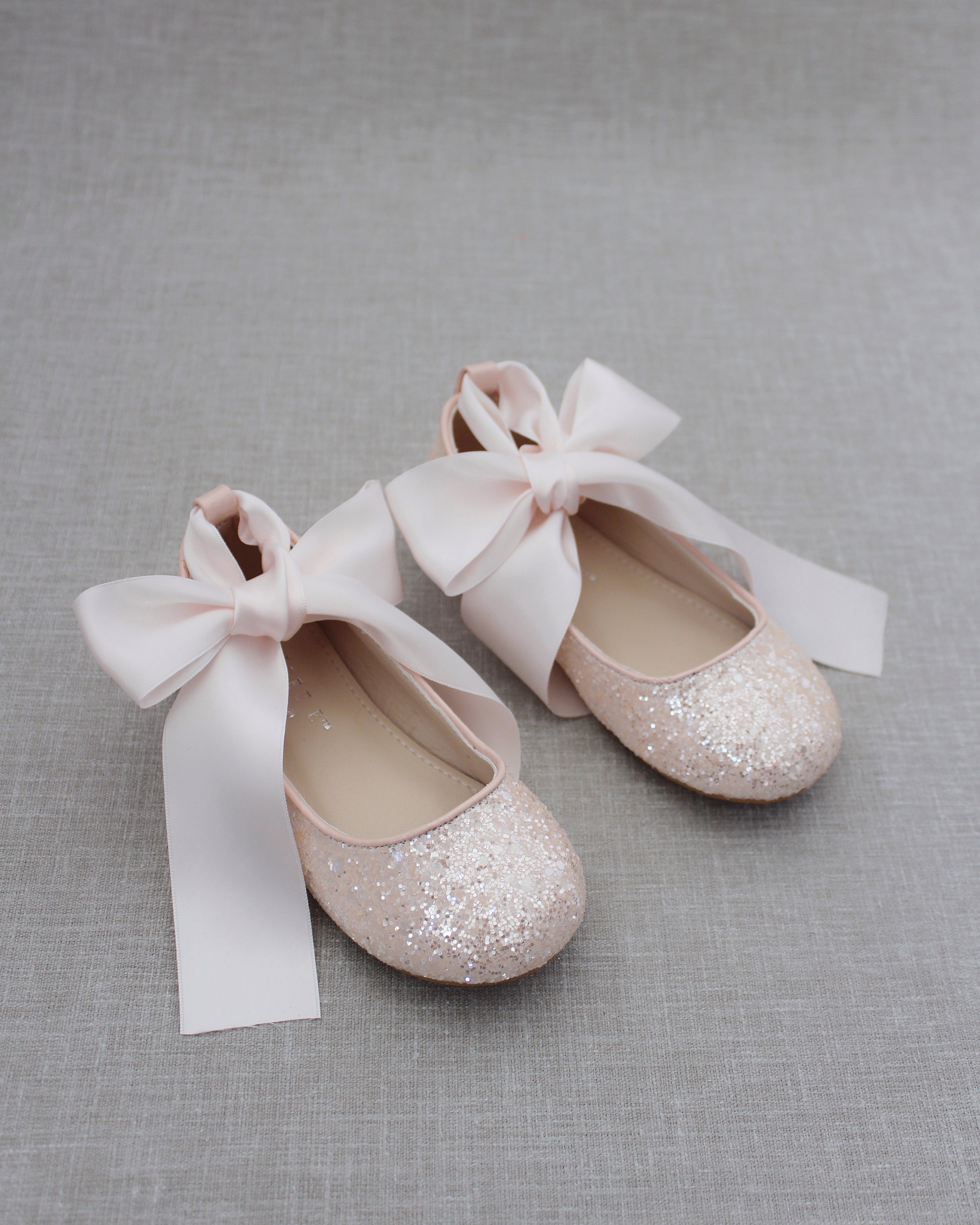 Dusty Pink Rock Glitter Ballet Flats With Satin Ankle Strap