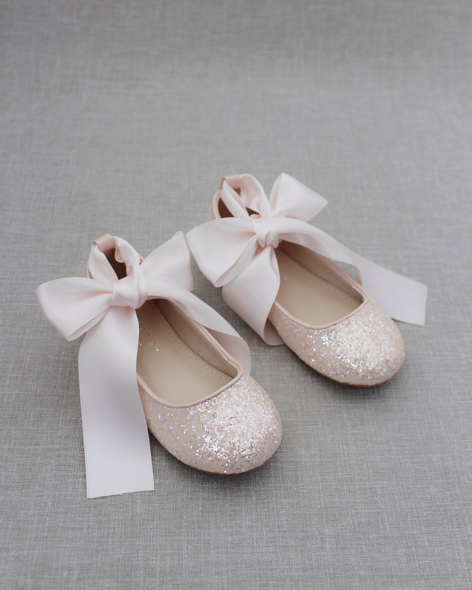 Dusty Pink Rock Glitter Ballet Flats With Satin Ankle Strap - Flower ...