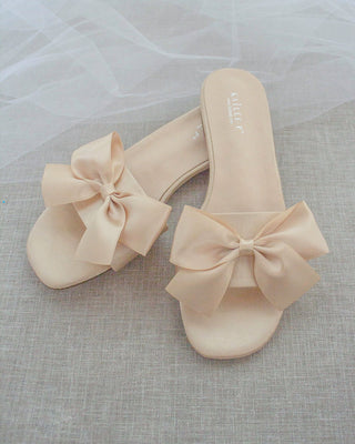 Champagne Satin Slip on Sandals with Satin Bow